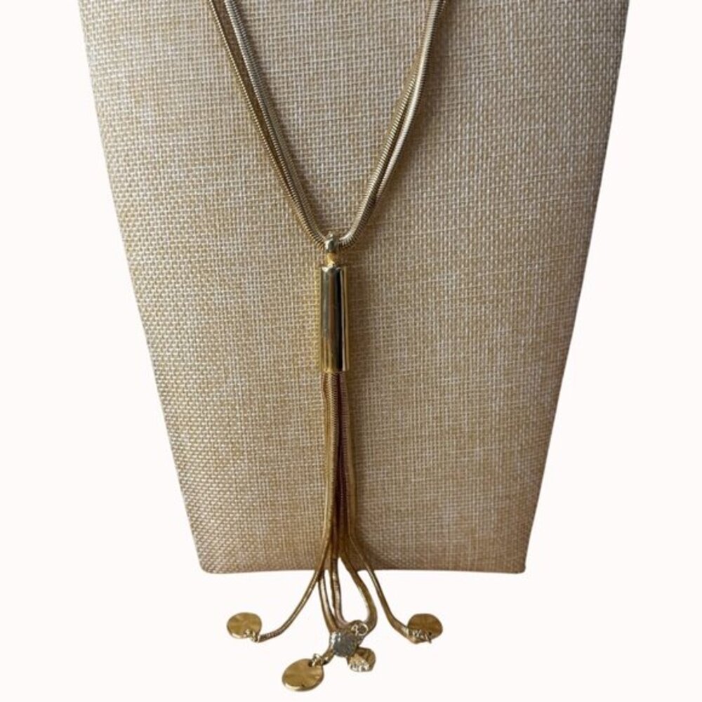 Long Gold-Tone Tassel Necklace With Cylinder Pendant & Dangling Charms By Chicos